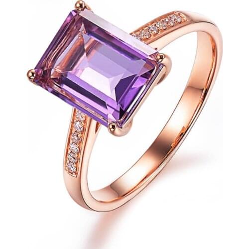 Rose Gold Color Rectangle Shape Section Amethysts Crystal Finger Ring for Women Attractive Design Jewelry