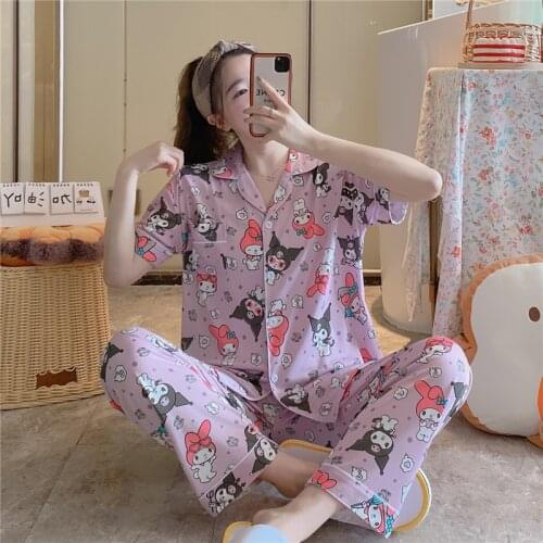 Sanrio hello kitty spring and autumn shirt short-sleeved trousers pajamas My Melody women summer home clothing sleepwear