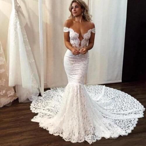 Mermaid Full Lace Wedding Dresses Sexy Off Shoulder Sheer Back Long Trumpet 2020 Modern Chic Bridal Gowns Vestido De Noiva