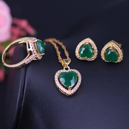Heart Square Rose Gold Aplle Green Jewelry For Women Stud Earrings Adjustable Ring Necklace Set Wedding Jewelry