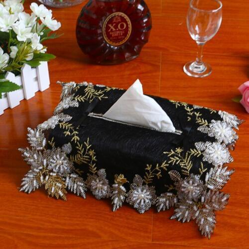 Modern black lace beaded tissue box set fabric creative living room wedding Christmas removable tissue paper napkin set