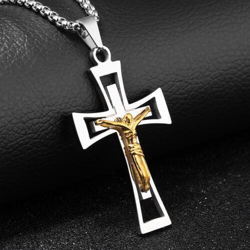 Tri-layer Mens Women Stainless Steel Catholic Jesus Christ On INRI Cross Crucifix Pendant Necklace Gold, Ball Chain