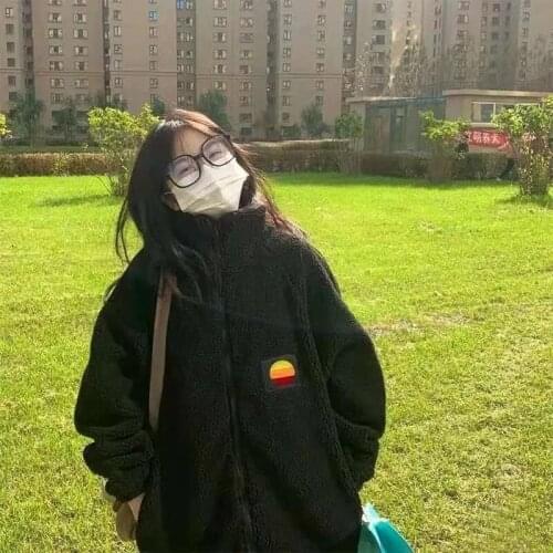 Korean lamb plus velvet thick solid color zipper Harajuku stand-up collar loose oversized women sweater streetwear album clothes