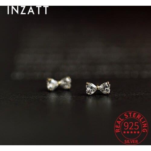 INZATT Real 925 Sterling Silver Zircon Heart Bow Stud 14K Gold Earrings For Women Cute Fine Jewelry Accessories Drop shipping