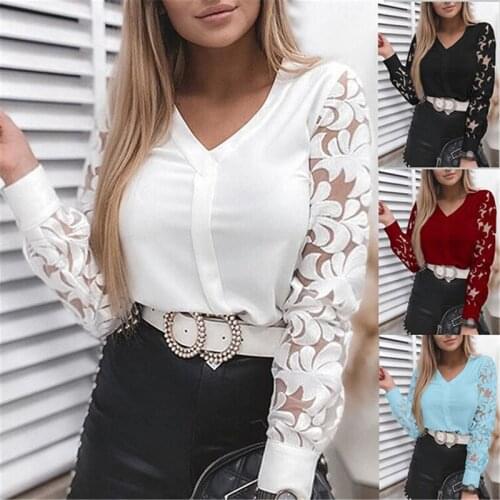 Spring Top Woman Solid Color Lace Retro Temperament Commuter Pullover V-neck Long Sleeve Blouse