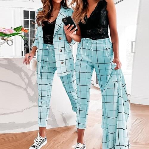 2021 Women Clothing Autumn Winter Office Ladies Business Outfits Long Sleeve Plaid Blazer+Pants 2 Pieces Suit Plus Size Clothes