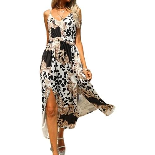 Summer European And American Womens New Style Factory Price Good Quality Fashion Printed Sexy V-Neck Split Dress