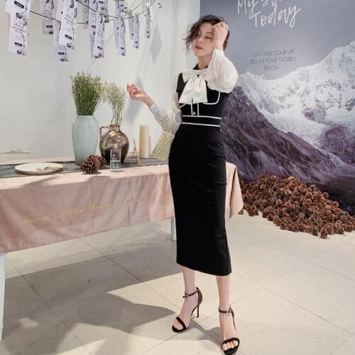 Womens Dresses Patchwork Long Lantern Sleeve Bow Neck Dress 2019 Autumn Office Lady Vintage Bodycon Sexy Party Bandage Dress