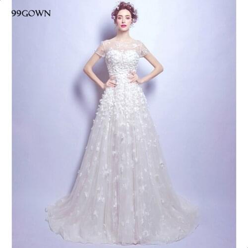 99GOWN Elegnt Backless Lace-Up Short Sleeve Wedding Gown Women Wedding Luxury Court Train Wedding Dress