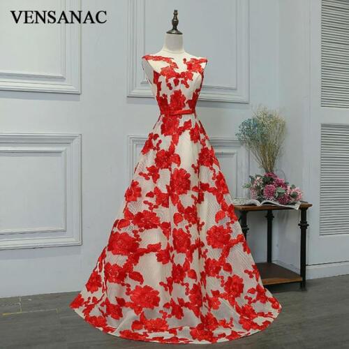 VENSANAC New A Line 2017 Flowers Boat Neck Draped Long Evening Dresses Sleeveless Elegant Lace Tank Party Prom Gowns
