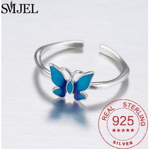 100% 925 Sterling Silver Blue Butterfly Rings For Women Vintage Sterling Silver Jewelry Animal Adjustable Butterfly Cuff Ring