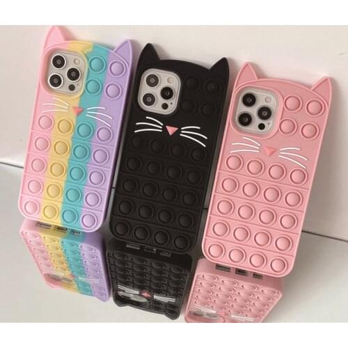 3D Cute Cartoon Beard Cat Bubble Reliver Stress Phone Case for iPhone 12 11 Pro XS Max Antistress Sensory Toys Kitty Soft Cover