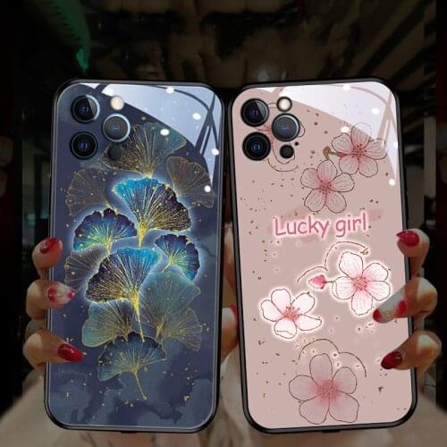 For iPhone 12 mini 11 Pro Max 8 7 6s Plus LED Flash Call Light Luminous Phone Case X XS MAX XR leaf flower tempered glass cover