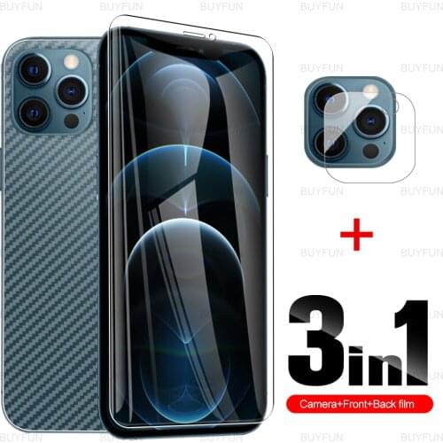 For iPhone 12 Pro Max Mini Back Carbon Fiber Film+Front Tempered Glass for iPhone 11 pro max x xr xs max 8 7 6 Camera Lens Film