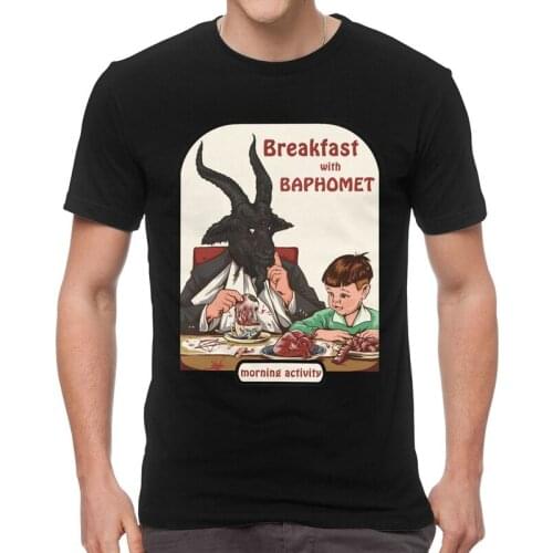 Breakfast With Baphomet Tshirt Men Unique Tees Top 100% Cotton T Shirt Short Sleeve Devil Satan Demon Goat T-shirt Gift Clothes