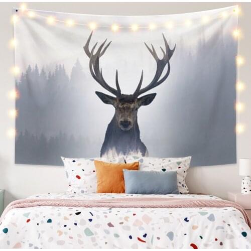 Animals Tapestry Misty Forest Deer Gray Wall Hanging Dorm Bedroom Blanket Family Party Decoration Beach Picnic Mat