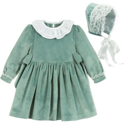 Spanish children dress baby girl princess dresses hat cotton long sleeve green velvet dress for Autumn winter