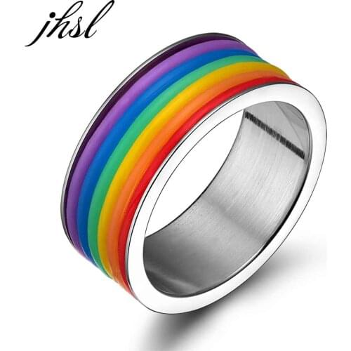 JHSL New High Quality Men Colorful Silicone Rainbow Gay Rings Stainless Steel Fashion Jewelry Size 6 7 8 9 10 11 12 13