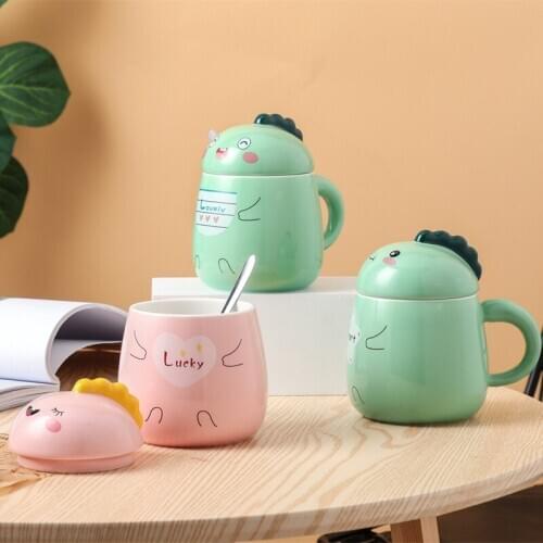Ceramic Cup with Lid Spoon Cartoon Dinosaur 3D Stereo Dinosaur Cup Cute Water Cup Couple Bottle Student Gift Cup Coffee Cup