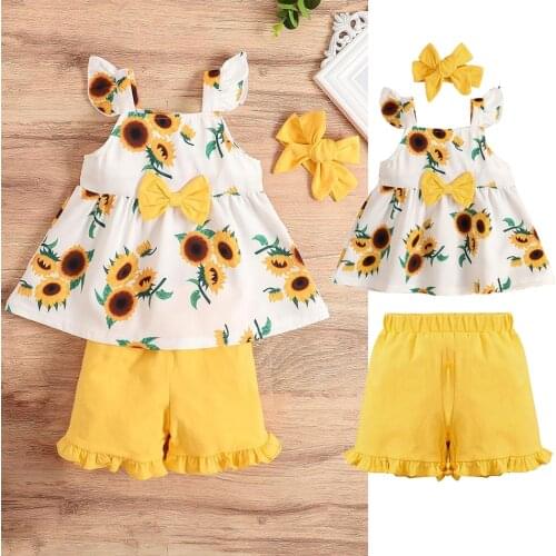 Children Clothing Set Newborn Baby Girl Summer Sunflower Print Dress Pants and Headband Girls Birthday Party Costumes 1-4 Years