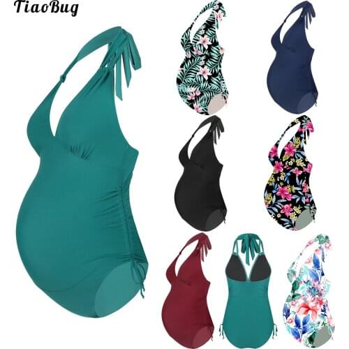 TiaoBug Summer Maternity Bikini Swimsuit One-Piece V-Neck Pregnancy Swimwear Halter Monokini Flower Print Pool Bathing Beachwear