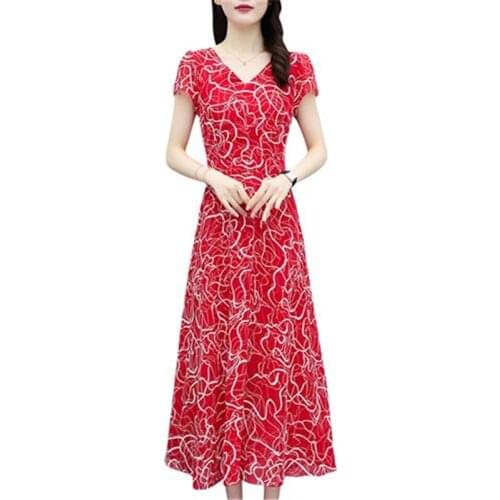 Summer Dress Women New Printed Chiffon Dress Slim Black Red Plus Size 5XL Mid Long Female Work Office Dresses Vestidos Clothes