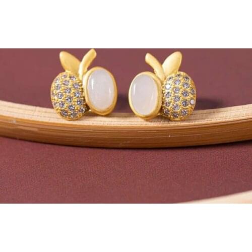 Natural White Jadeite Earrings S925 Silver Pineapple Stud Earrings Sweet Earrings