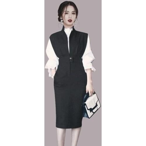 ZAWFL Autumn Women Sets Long Flare Sleeve Ruffles Blouse Top High Waist Slim Bodycon Pencil Midi Dress Office Work 2 Pieces Suit