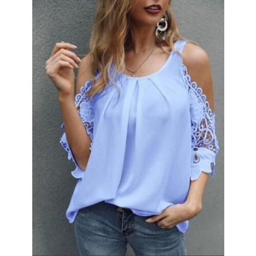Sexy Off Shoulder Tops Shirts Women Summer New Hollow Out Lace Solid Casual Streetwear Blouse Shirt Female