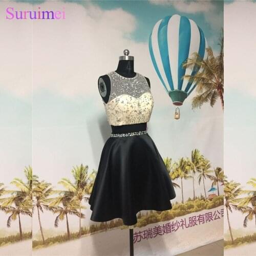 Latest Design Two Pieces Prom Dresses Short Knee Length Nude See Through Beaded Crystals Short Prom Dress Party Gown