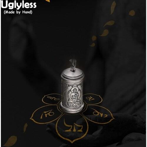 Uglyless Real 999 Fine Silver Cylinder Gaudencio Box Pendant without Chain Unisex Handmade Buddha Statue Jewelry Sanskrit Mantra