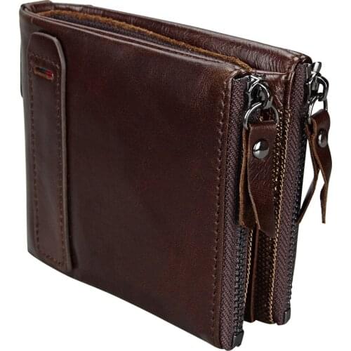 Holiday gift RIFD anti-magnetic retro double zipper men wallet genuine leather high quality casual short wallet