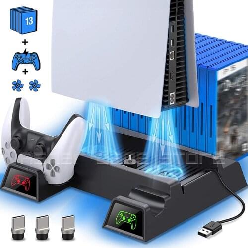 PS5 Vertical Stand 2 Cooling Fan 2 Controller Charger Charging Station 3 USB Hub 13 Game Storage for Playstation 5 Accessories