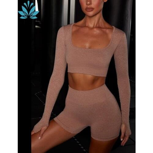 GAUENEEN Seamless Yoga Sets Women Gym Clothes Sportswear Square Neck Long Sleeve Crop Top and Shorts Set Fitness Clothing 2PCS