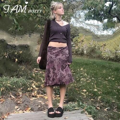 Vintage Floral Print Straight Skirt Women High Waist Ruffles Long Skirts y2k Aesthetic Skirt Harajuku All-match Bottom Iamhotty
