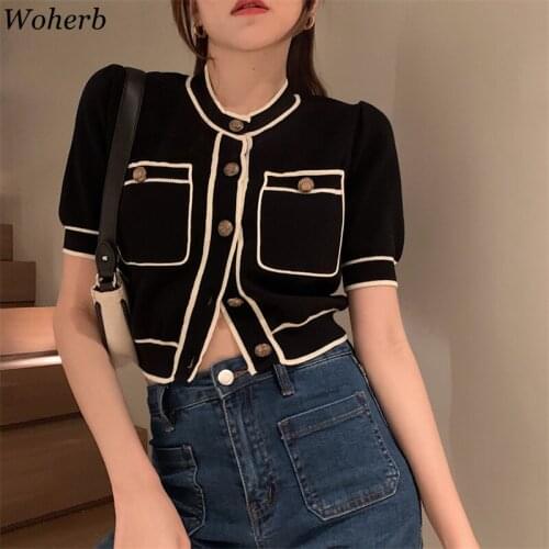Woherb Stylish Vintage Contrast Color Knitted Cardigan Women 2021 Summer Short Sleeve Thin Female Knitwear Tops Sweater Coat