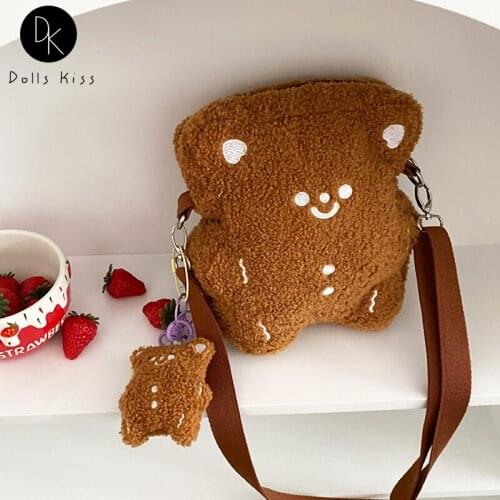 Female Plush Cute Shoulder Bag Women Kawaii Biscuit Bear Design Messenger Bag Doll Pendant Wallet and Handbag for Ladies