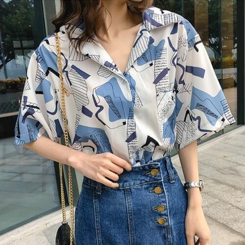 Summer Button Tops Korean Printing Blouses Woman Causal Shirt Short Sleeve V-neck Retro Print Chiffon Camisa