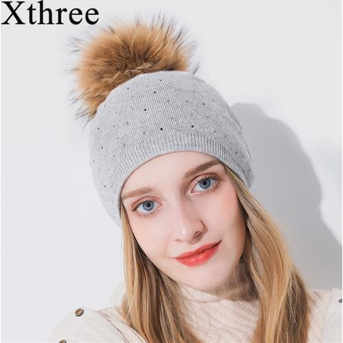Xthree new winter knitted hat for women warm skullies wool beanie hat for girl real Raccoon fur pom pom hat female cap thick