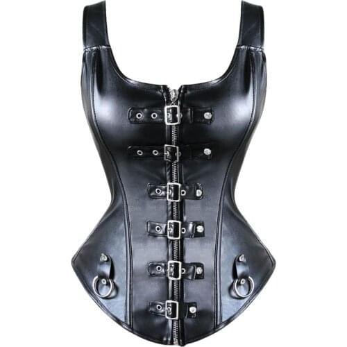 Women Corsets Leather Lingerie Steel Boned Zip Buckled Front Lace up Back Bustier Bondage Waist Cincher Corset Plus Size S-6XL