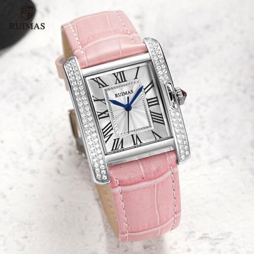 RUIMAS Women Square Analog Automatic Watches Luxury Pink Leather Wristwatch Ladies Waterproof Mechanical Watch Female Woman 6773
