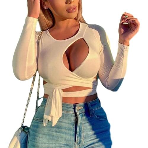Women Sexy Fashion Hollow Out Bandage Short T-Shirts Long Sleeve Crew Neck Solid Slim Skinny Lace Up Club White Crop Top