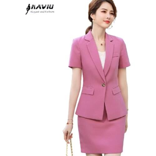 Pink Suits Women New Summer Short Sleeve Business Temperament High End Formal Blazer And Skirt Office Ladies Work Wear
