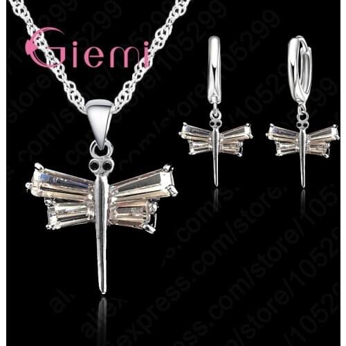 925 Sterling Silver Bridal Jewelry White Zircon Jewelry Sets For Women Earrings/Pendant/Necklace Dragonfly Bijoux Sets