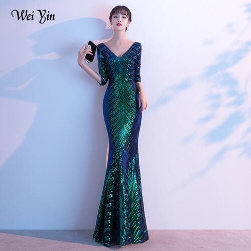 Wei yin AE0241 Evening Dress Long Sparkle New Green V-Neck Women Elegant Sequin Mermaid Maxi Evening Party Gown Dress