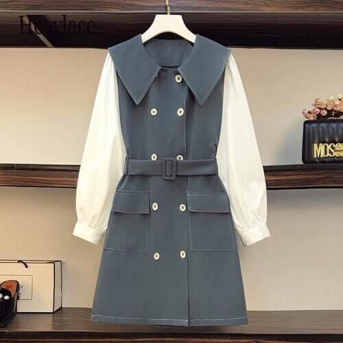 Plus size women autumn long sleeve A-line dresses double breast office ladies patchwork clothes for women elegant vintage robe