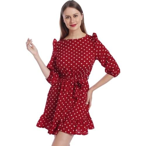 Women Summer Dress Fashion Ruffle Trim Sashes 3/4 Sleeves Round Neck Dot Print Casual Dress Ladies Sweet Cute A Line Dresses