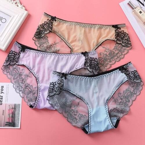 Womens Sexy Underwear Panties Girl Hollow Out Low-waist Embroidered Lace Panties Seamless Panties Transparent Mesh Briefs