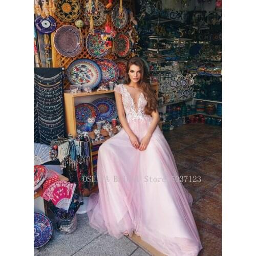 2021 Pink A-Line Evening Gown Short Sleeves Sheer High Neck Sexy For Women Formal Wedding Party Dresses no Train