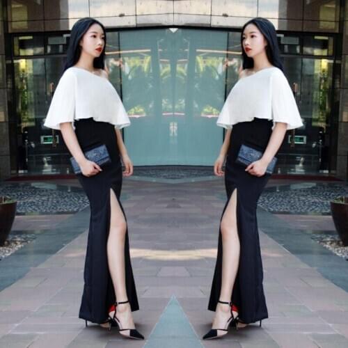 YNQNFS IED012 Sexy Mermaid High Slit One Shoulder Black and White Evening Dress 2018